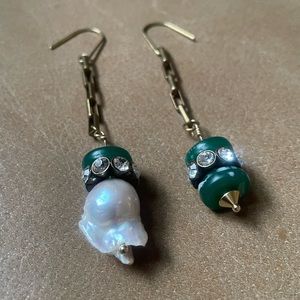 Asymmetrical baroque pearl chain bead and rhinestone earrings